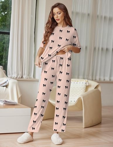 Image of Ekouaer Lounge Sets for Women Short Sleeve Tops and Long Pants Soft Comfy Pajamas Set 2 Piece Outfits