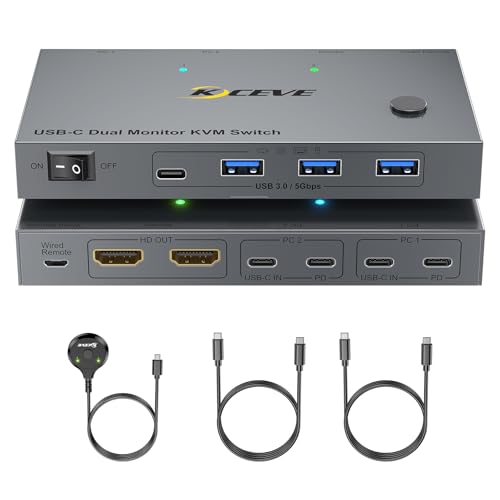 Image of USB C KVM Switch 2 Monitors, 2 Laptops KVM Switch Dual Monitor Support 4K@60Hz, with 80W PD Function, with 2 USB-C Cables and Wired Remote