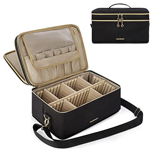 Large Makeup Bag, BAGSMART Double Layer Cosmetic Makeup Organizer Travel Makeup Train Case with Shoulder Strap for Cosmetics Makeup Brushes Toiletries Travel Accessories (Black Large)