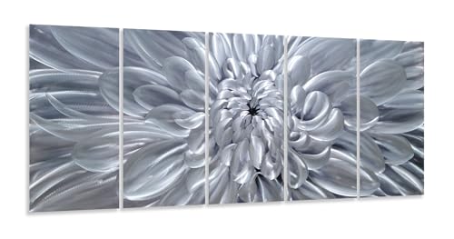 YHSKY ARTS Silver Floral Metal Wall Art - Hand Crafted 5 Piece Aluminum Sculpture Set for Living Room and Bedroom Decor