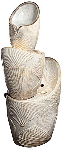 Three Urn With Leaves Asian Indoor Outdoor Floor Water Fountain With Light Led 30" High Cascading Resin For Garden Patio Backyard Deck Home Lawn Porch House Relaxation Exterior - John Timberland #TOP5