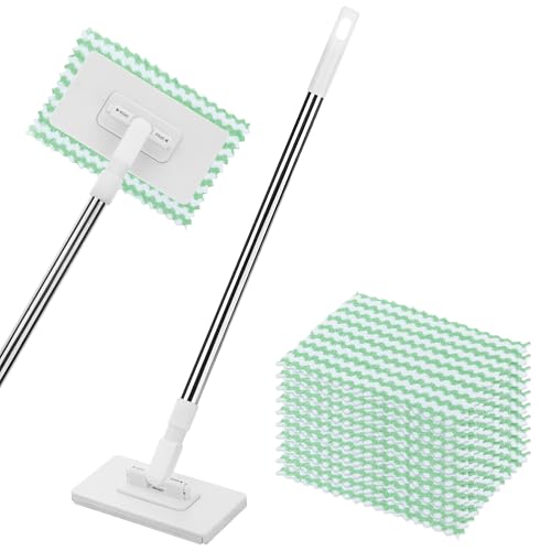 Mocio con Sistema di Blocco a Pressione, Mocio Umido e Asciutto con 10 Panni Riutilizzabili, Clip to Grip Mop Mini con Cambio Panno Automatico e Testa Rotante a 360°, per Pavimenti Pareti Bagno Cucina