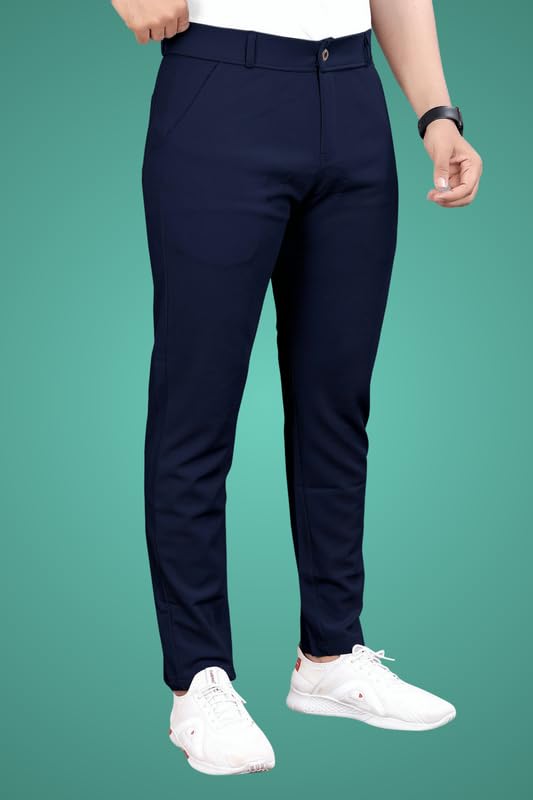 Image of Slim Fit Lycra Blend Pants for Men | Stretchable, Breathable Formal Trousers with Dual Side Pockets & Button Closure | Comfortable for Office, Travel & Casual Wear
