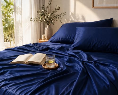 Image of Noare Cooling Bamboo Bedsheet King Size for Double Bed - Breathable & Ultra Soft Summer Bedding Set with 1 Fitted Bedsheet and 2 Pillow Covers - Luxury Cooling for Hot Sleepers | Royal Blue.