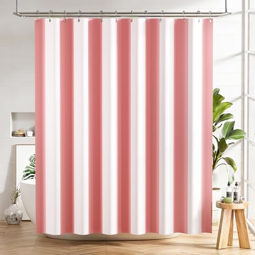 Image of AmazerBath Pink Vertical Stripes Shower Curtain, Cute Pink Stripe Bathroom Shower Curtain with 12 Shower Curtain Hooks, Rustic Fabric Pink and White, 72x72 Inches