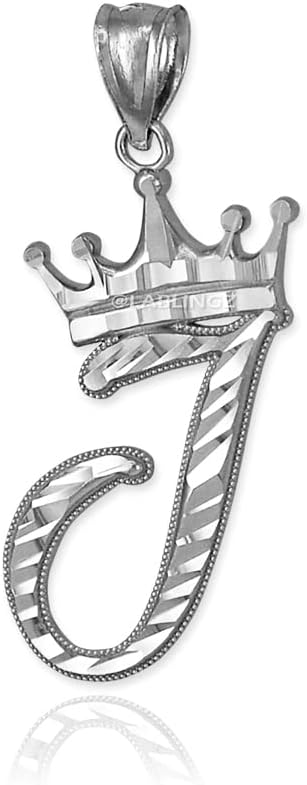 Sterling Silver Letter 'J' Initial Cursive Crown DC Pendant Necklace
