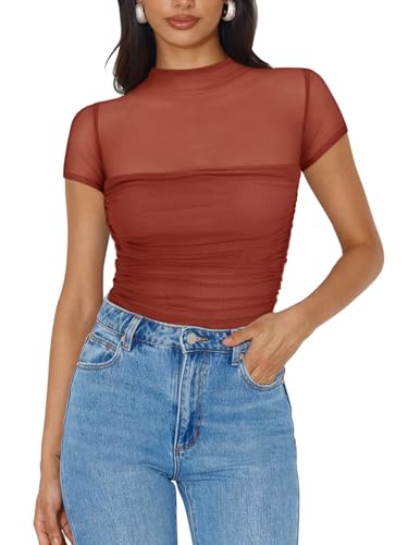 Image of REORIA Women's Sexy Mock Turtle Neck Short Sleeve Shirts Sheer Mesh Ruched Trendy Going Out Bodysuits Tops