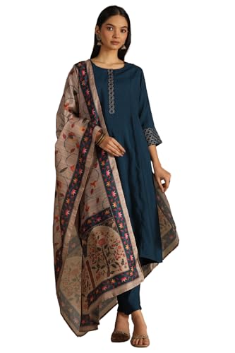 Tessuto: Seta Soch Completo da donna in seta tessuto con Zari, Blu ottanio, XS