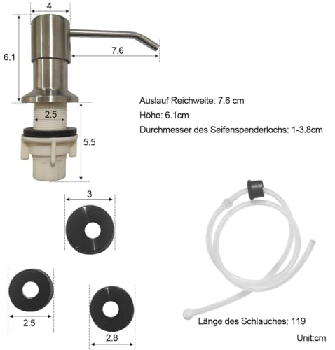 OUGOO Einbau-Seifenspender für die Küche, Edelstahl-Reinigungsmittelspender mit 120 cm langem Silikonschlauch, 360° Drehbarer Küchenseifenspender, Gebürstet