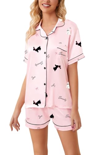 Image of Schbbbta Girls Womens Pajamas, Satin Silky Pjs Set Kids 2Pcs Button-Down Nightwear Sleepwear Gift for Mommy and me