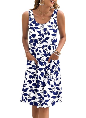 Auselily Summer Dresses Women Uk Sleeveless Knee Length Women Casual Beach Dresses Light Swing Tank Dress With Pockets Navy Blue Leaves Xl - 2