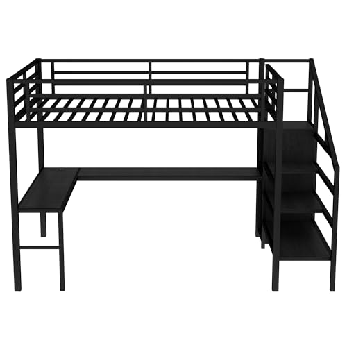Image of Bellemave Queen loft Bed with Storage Stairs, Wardrobe, Shelves, Metal Queen Size Loft Bed Frame for Adults, Kids, Teens, Black with Black Woodgrain