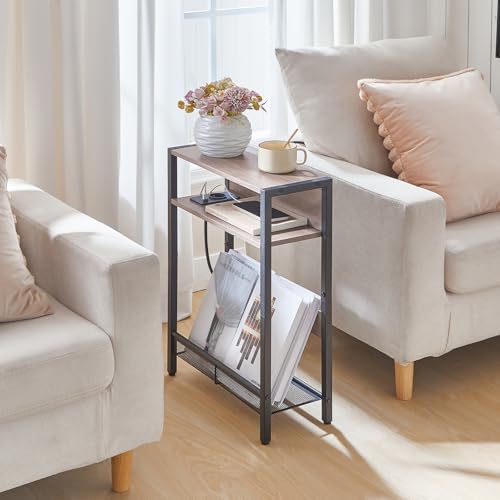 CHOEZON Mesa Auxiliar Estrecha, Mesita de Sofá con Base de Carga, Mesilla de Noche Estrecha, Mesita de Centro con 3 Niveles, Sala de Estar, Gris Envejecido DTBZ05CBH - imagen 6