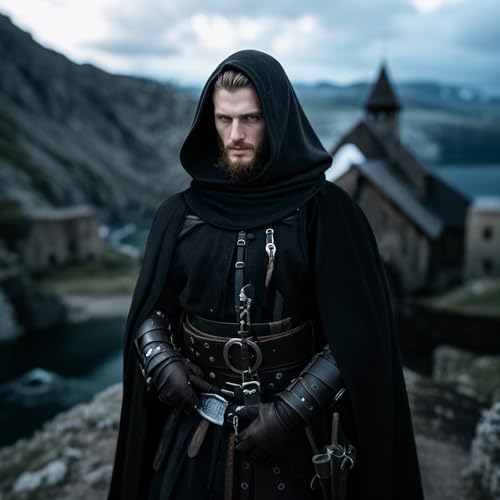 L'VOW Medieval Black Cloak with Hood Renaissance Hooded Cape for Halloween Assassin Creed Ninjia Cosplay3