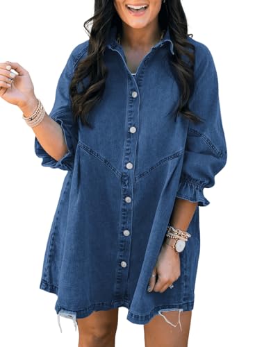 Image of Sidefeel Womens Smocked 3 4 Sleeve Button Down Denim Jeans Dresses
