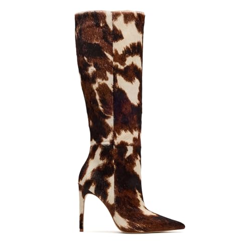 DOEYG Brown Cow Animal Print Knee High Boots for Women Pointed Toe Heeled Stiletto Boots Dressy Fashion Tall Boot with Side Zipper