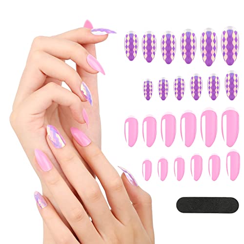 Belle Press on Fake Nails Set for Women, Pink 24pcs Almond Acrylic Nail Art Tips Ballerina Stick on Nails Short Medium Length with Dragon Scale Shape for Manicure Decoration in 12 Sizes