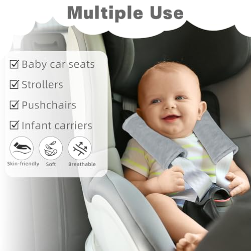 Image of GFU Car Seat Strap Pads for Baby, Soft Shoulder Pads for Comfort, Reversible Seatbelt Covers for Kids, Perfect for Baby Car Seat, Stroller, Swing, High Chair, Size: 6.5 x 6.5 inch, Grey