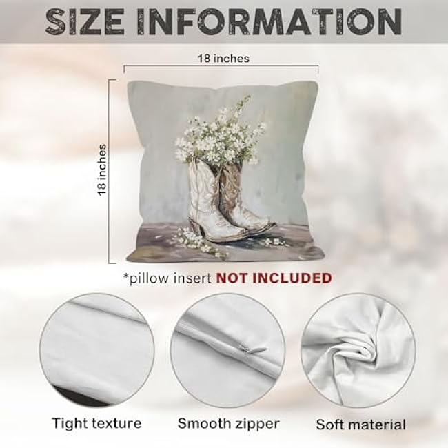 Western Cowgirl Boots Floral Throw Pillow Covers 18x18, Preppy Decor Pillow Cases Gifts for Teen Girl Bedroom Living Room, Aesthetic Daisy Flower Decorative Pillowcases for Couch Bed Sofa