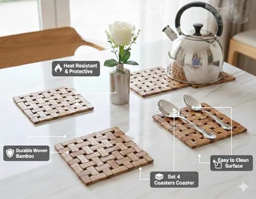 Image of CASA-NEST Square Shape Heating Insulation Resistant Natural Bamboo Wooden Coaster, Set of 4 PCS(15X15CM) Heat Table Ware Pad Place mat for Hot Coffee, Bowl Tea Cup, Home, Kitchen Dining Pan Pot Holder
