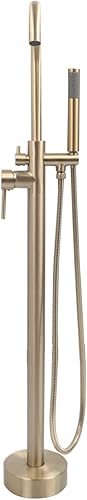 XZST Grifo de bañera independiente de oro cepillado para montaje en suelo grifo de latón de una sola manija con pulverizador de mano y boquilla