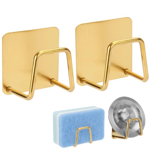 Blueden 2Pcs Adhesive Sponge Holder for Kitchen Sink Essentials, Stainless Steel Dish Soap Holder, Rustproof and Waterproof, Quick Drying, Minimal Size Saves Space, Gold