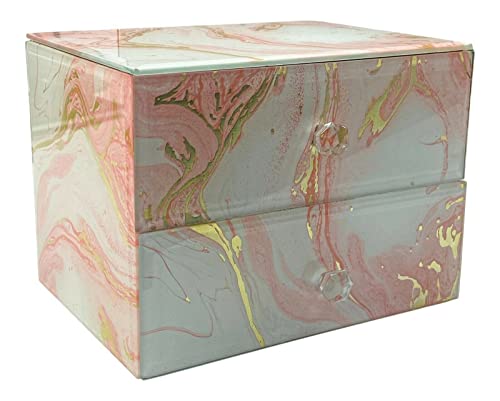 Schmuckkästchen aus Glas mit 2 Schubladen, für Halskette, Ohrringe, Schmuckschatulle, rosa marmoriertes Design Cover