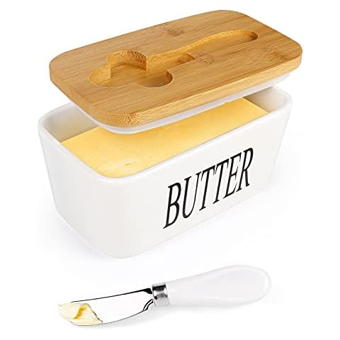 Diealles Shine Butterdose mit Bambusdeckel, Butterdose Porzellan mit Holzdeckel und Butter Buttermesser für 250 g Cover