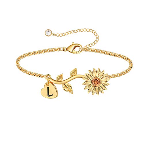 Anoup Initial Sunflower Bracelets for Girls Women, 14k Gold Plated Sunflower Bracelets Initial L Bee Sunflower Charm Bracelets Sunflower Jewelry Sunflower Gifts for Girls Women Gold White Gold