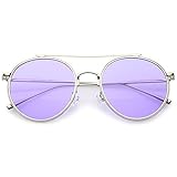 zeroUV Modern Metal Round Aviator Sunglasses With Crossbar Slim Arms And Colored Flat Lens 54mm (Silver/Purple)