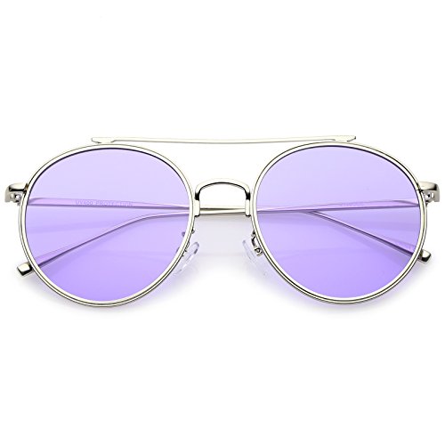 zeroUV Modern Metal Round Aviator Sunglasses With Crossbar Slim Arms And Colored Flat Lens 54mm (Silver/Purple)