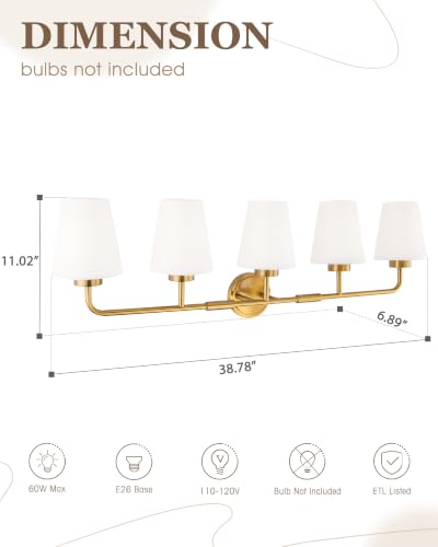 Image of 5-Light Gold Bathroom Light Fixtures with White Fabric Shades