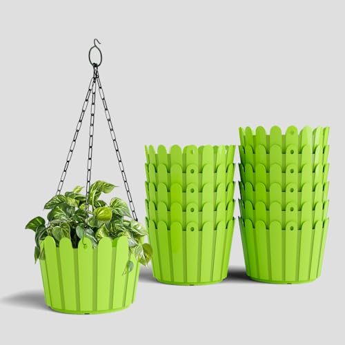 Image of YUCCABE ITALIA SHERA Hanging Fence 8 INCH Planter Pot Plastic Flower Hanging Pots for Home Decoration Sutiable for Indoor and Outdoor (Green, Pack of 12)