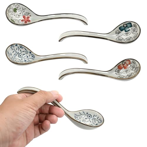 Godneei Keramik Ramen Löffel Set, 4er Set Asiatische Suppenlöffel mit Haken, Japanische Porzellanlöffel, Tiefe Keramik Löffel für Ramen, Pho,...