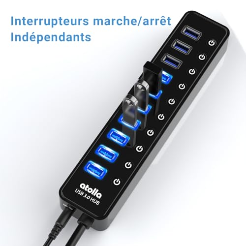 Hub USB alimentato, Hub USB 3.0 Multipresa a 10 porte con interruttori e LED di alimentazione individuali Adattatore 12 V/2.5 A per tastiera, mouse, stampante, driver duri, ecc. - Hub USB - Immagine 2