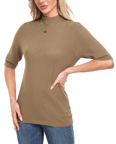 Image of MINTLIMIT Womens Turtleneck Sweaters Short Sleeve 2024 Fall Winter Casual Texture Shirt Blouse Knit Pullover Sweater