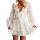 Sommerkleid Damen Kurz V-Ausschnitt Langarm AushöHlen Sexy Schleifen Kleid Mit RüSche Einfarbig Casual A Linie Minikleid