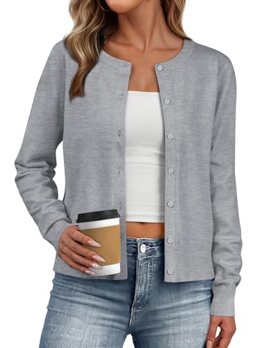 IWD Womens Cardigan Sweaters Crew Neck Long Sleeve Lightweight Button Down Sweater 2025 Fall Trendy Knit Tops (Grey, Medium)