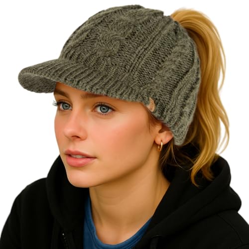 TOP-EX Womens Winter 3 Openings Ponytail Visor Brim Bill Beanie Hat Fleece Lined Merino Wool Warm Cable Knit Cap Bun Hole Cold Weather Green