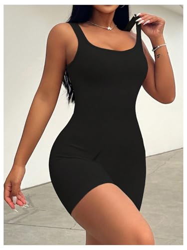 Image of WDIRARA Women's Workout Romper Gym Yoga Unitard Square Neck One Piece Shorts Jumpsuit