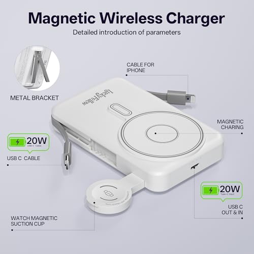 LUCKYFELLOW Magnetic Portable Charger Built-in Cables,10000mAh Fast Charging Wireless Charger Station External Battery Pack Slim Pocket Size Power Bank with Stand Compatible with iWatch, iPhone - image 6