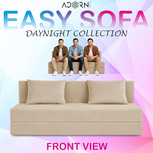 Image of Adorn India Easy 3 Seater Sofa Cum Bed | Velvet Fabric | Cream | Plain Design | 6x5 Ft | Comfortable Seating | Washable Cover | Perfect for Home & Office