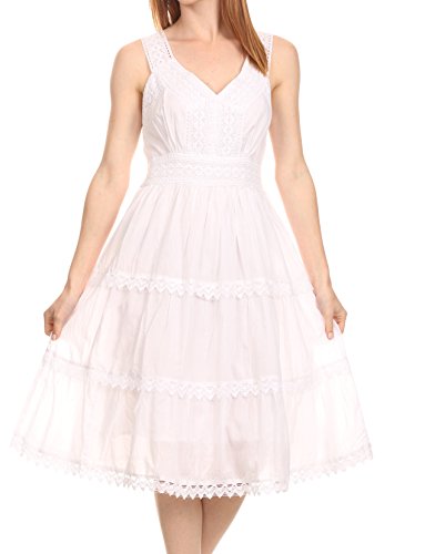 Sakkas Kd2155 - Presta Roman Sleeveless Lined Tank Top Dress With Emrboidery Lace Design - White - L #TOP19