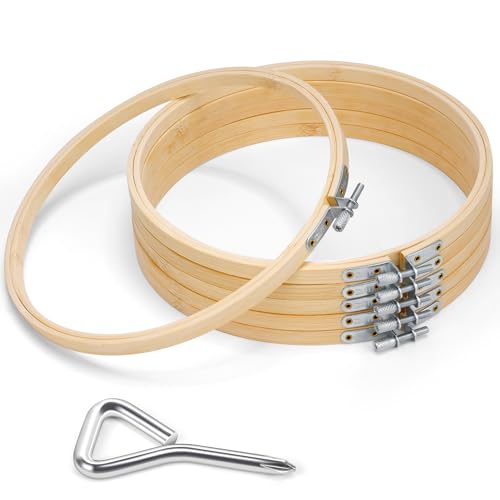 Caydo 6 Pieces 8 Inch Embroidery Hoop with Metal Screw Round Embroidery Hoops Set Adjustable Bamboo Cross Stitch Hoop Ring Embroidery Frames for Art Craft Sewing Home Ornaments