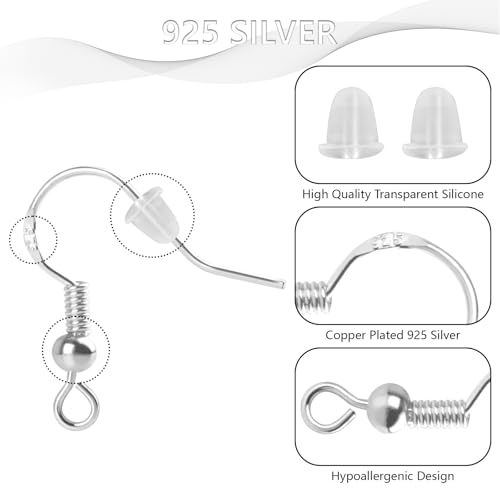 300 Stück Ohrring Haken, Ohrringe Silber 925,Ohrringe Selber Machen Set, Ohrhänger Silber, Hypoallergene Ohrringe Basteln, Ohrhaken Silber mit Durchsichtigen Gummi Ohrstopper Und Spule(Silber, Gold）