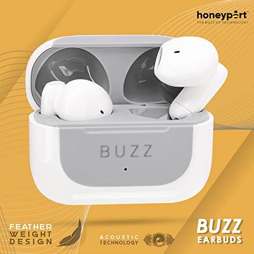 Image of Honeyport HP Buzz Earbuds - TWS Bluetooth Earbuds with Smart Voice Assistant, Active Noise Cancellation, 30-Hour Playtime, IP4X Sweatproof (White)