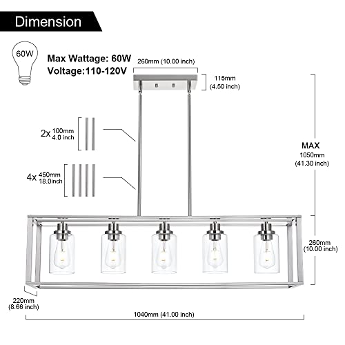 VINLUZ 5 Light Industrial Modern Dining Room Chandelier in Brushed Nickel Finish with Clear Glass Shade Classic Pendant Island Lighting Fixture for Living Room Bedroom - Image 4