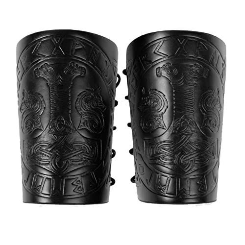 Thajaling 2 pièces brassards Viking, protège-Bras en Relief Mjolnir, protège-Bras en Cuir fabriqués à la Main, Bracelet de gantelet médiéval, brassards Vintage en Tissage de Dragon pour Hommes (Noir)