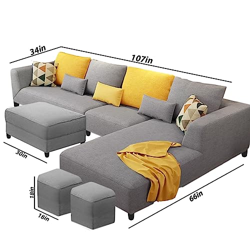 Image of Galib RHS 8 Seater L Shape Sofa Set with Ottoman & 2 Puffy for Living Room (Grey) Premium Fabric
