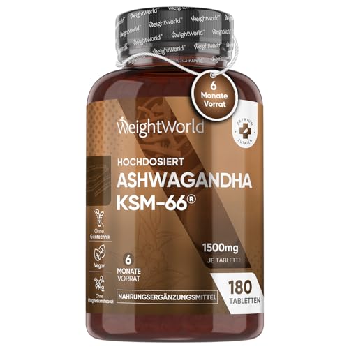Ashwagandha KSM-66-1500mg Ashwagandha pro Tag - Hochdosiert - 6 Monate Vorrat mit 180 vegane Tabletten - Alternative zu Kapseln & Pulver - Withania Somnifera von WeightWorld